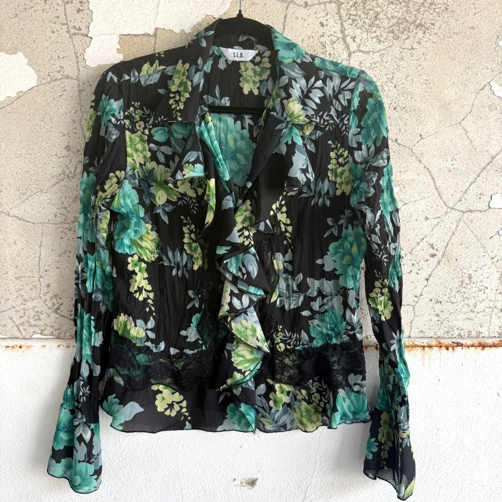 Vintage Floral Ruffle Blouse Lace Sheer Plisse Top‎ Bell Sleeve Fairycore Y2K M